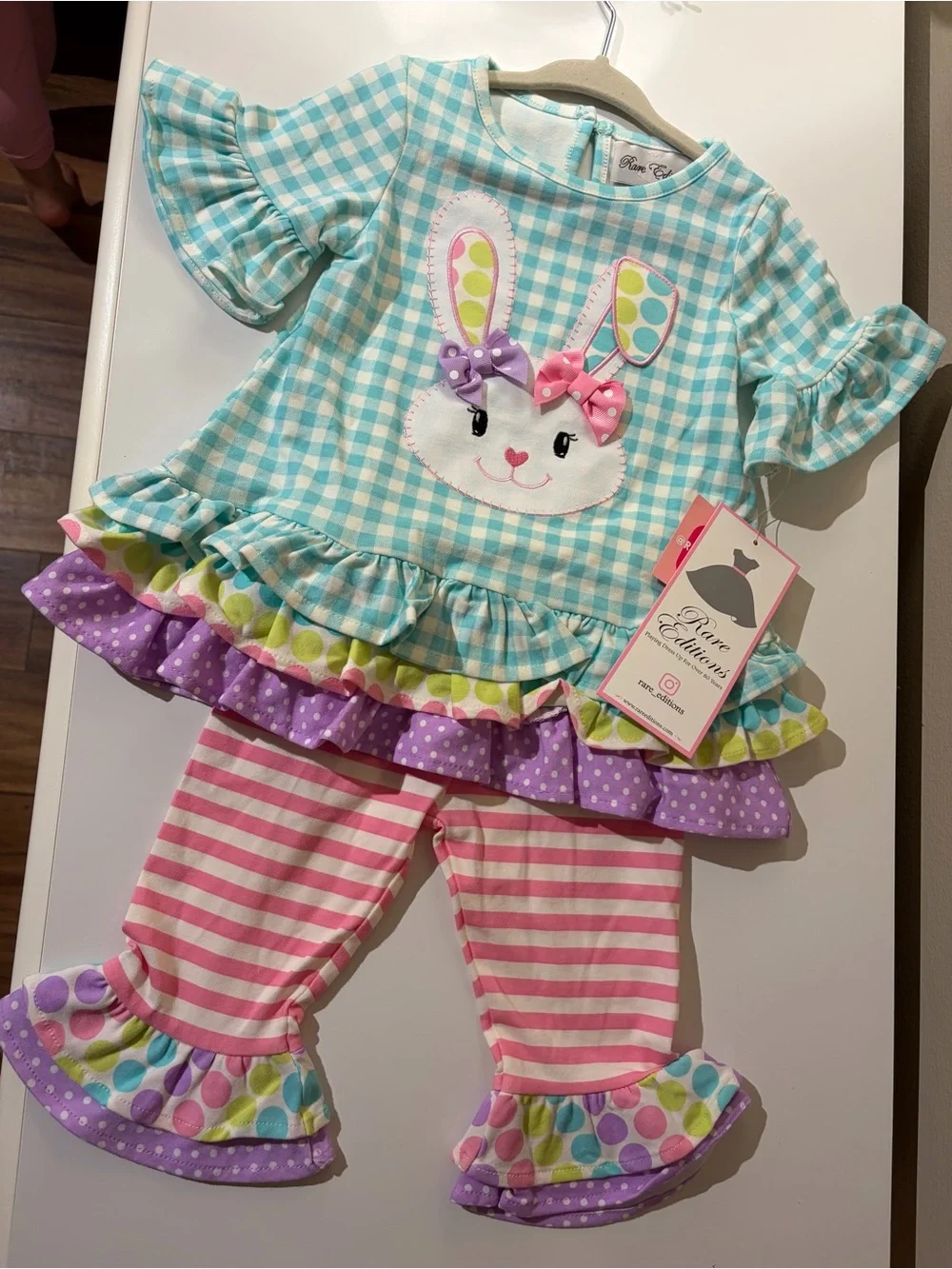 Girls Colorful Set with Ruffle Bunny Top and Pink Stripe Ruffle Pants 18 months